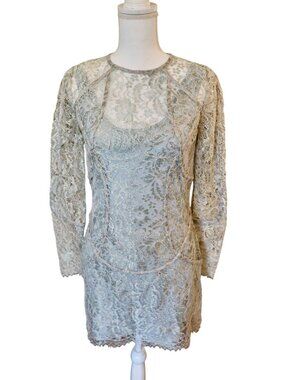 Zimmermann Long-Sleeve Metallic Lace Mini Dress In Dusty Blue, Size 2